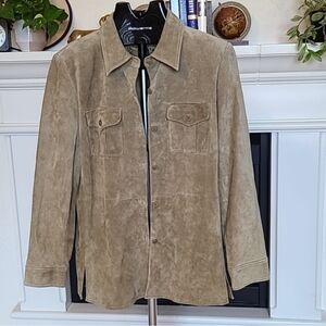 Liz Claiborne Suede Tan Jacket Button Up Shacket Figure Flattering Large